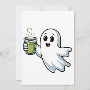 Spooky Halloween Ghost Holding Matcha  Holiday Card