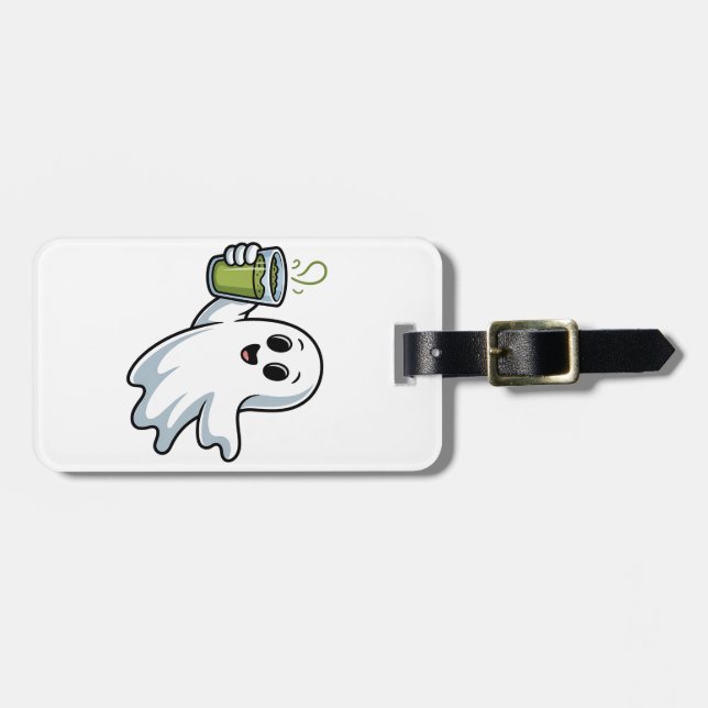 Spooky Halloween Ghost Holding Matcha  Luggage Tag (Front Horizontal)