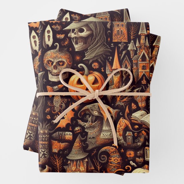 Spooky Halloween Ghost Pattern Black Wrapping Paper Sheet (In situ)