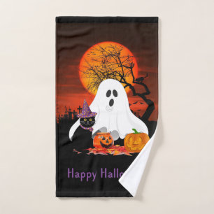 Spooky Halloween Ghost Pumpkin Cat Hand Towel