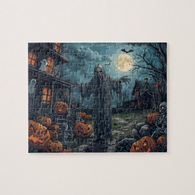 Spooky Halloween Ghost Pumpkins Full Moon Jigsaw Puzzle (Horizontal)