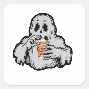 Spooky Halloween Ghost Sippin Pumpkin latte Fall Square Sticker