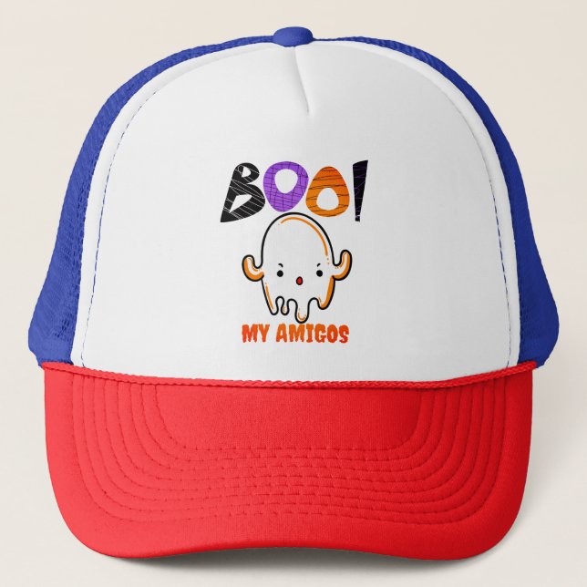 Spooky Halloween Ghost Throw Pillow Trucker Hat (Front)