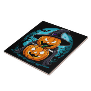 Spooky Halloween ghost with enchanted pumpkins Ceramic Tile