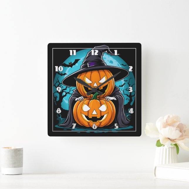 Spooky Halloween ghost with enchanted pumpkins Square Wall Clock (Home)