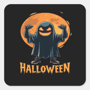 Spooky Halloween Ghost with Full Moon Design Square Sticker