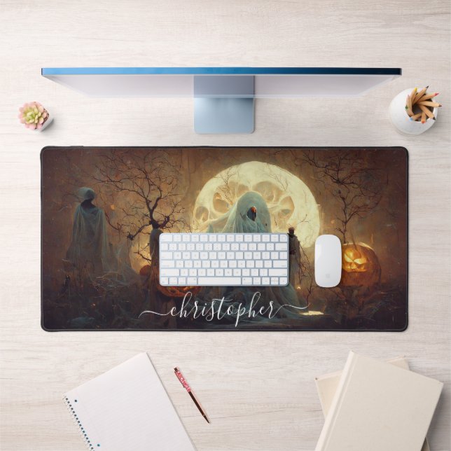 Spooky Halloween Ghost with Pumpkins Halloween Desk Mat (Office 1)