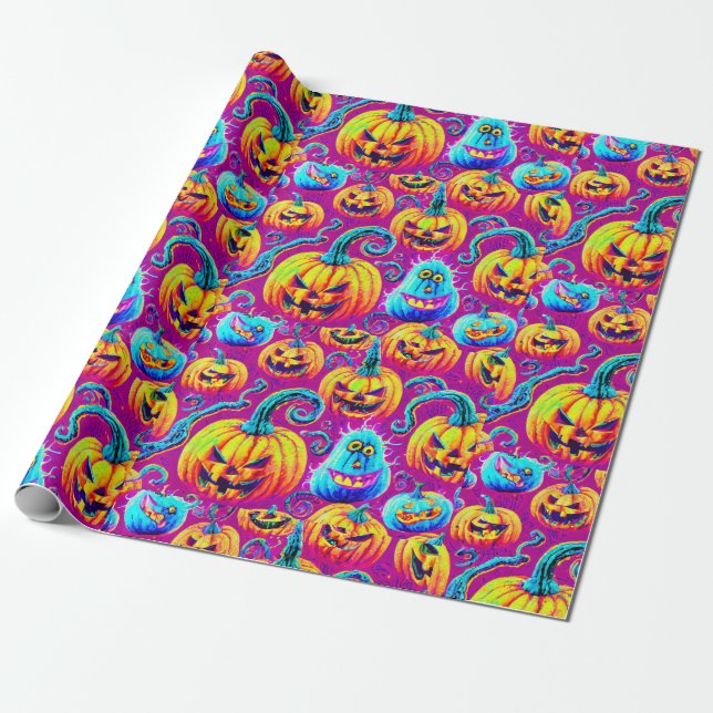 Spooky Halloween Ghosts and Pumpkin Wrapping Paper (Unrolled)