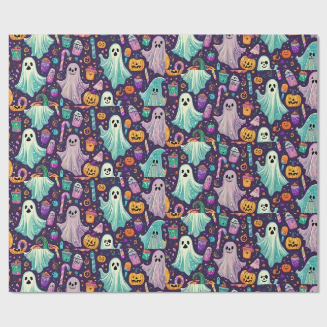 Spooky Halloween Ghosts and Pumpkin Wrapping Paper (Flat)