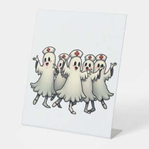 Spooky Halloween Ghosts in Nurse Suits Pedestal Sign