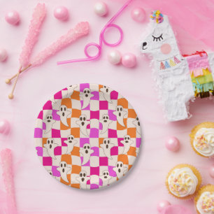 Spooky Halloween Ghosts on Checkerboards Pattern Paper Plate