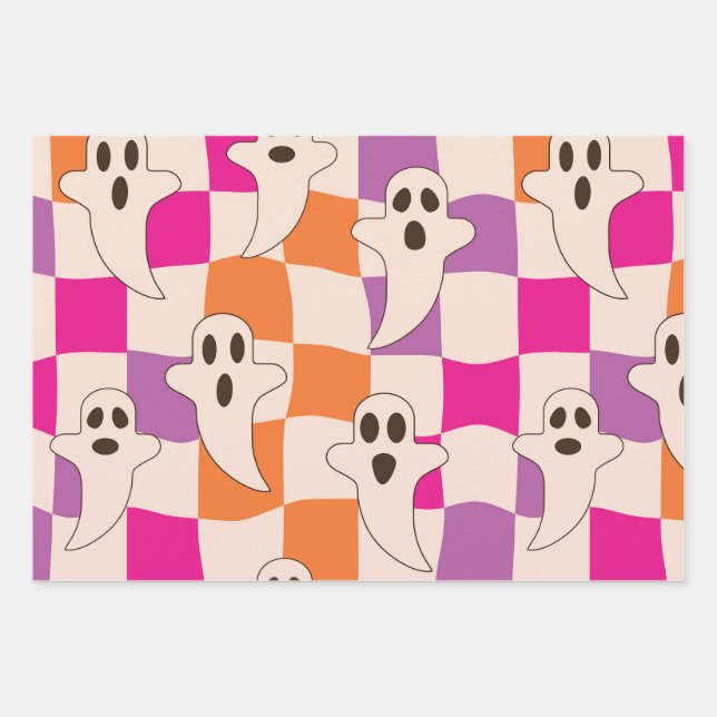 Spooky Halloween Ghosts on Checkerboards Pattern  Wrapping Paper Sheet (Front)