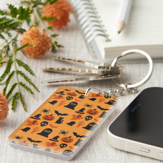 Spooky Halloween Gift – Classic Black & Orange Key Ring (Front Right)