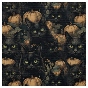 Spooky halloween gothic black cat and pumpkin fabric