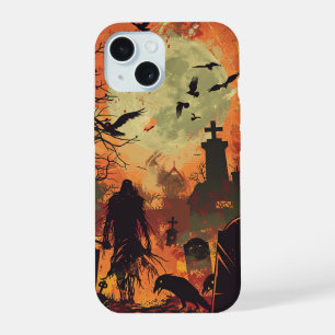Spooky Halloween Graveyard Zombie Raven Skeleton iPhone 15 Case
