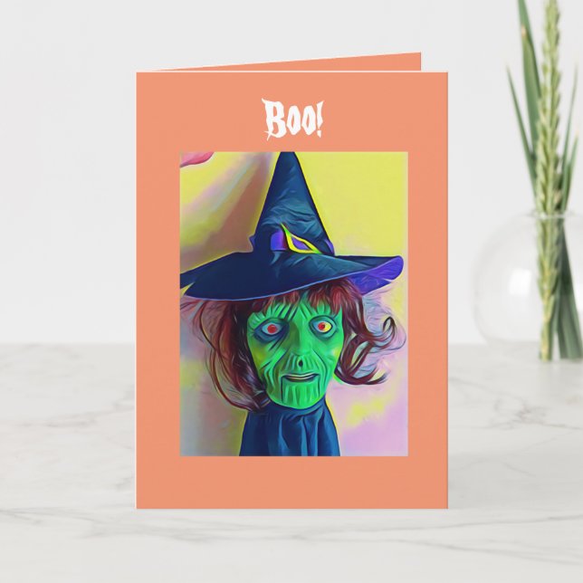 Spooky Halloween Green Witch Face Greeting  Card (Front)