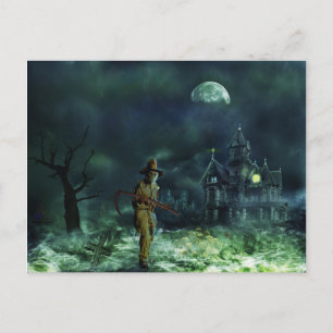 Spooky Halloween Grim Reaper and Haunted House Postcard