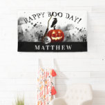 Spooky Halloween Happy Boo Day Birthday  Banner<br><div class="desc">This spooky Halloween birthday banner is perfect for a Halloween birthday party. These banner for Halloween birthday feature a black splotched ink background with a fiery jack o'lantern,  human skull,  black crow,  and a witches broom. Text says "Happy Boo Day." Personalise with the name of your choice.</div>