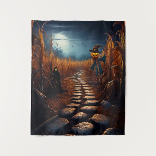 Spooky Halloween Haunted Corn Field Tapestry (Front)