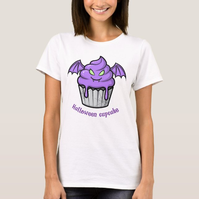 Spooky Halloween Haunted Cupcake with Glowing Eyes T-Shirt (Front)