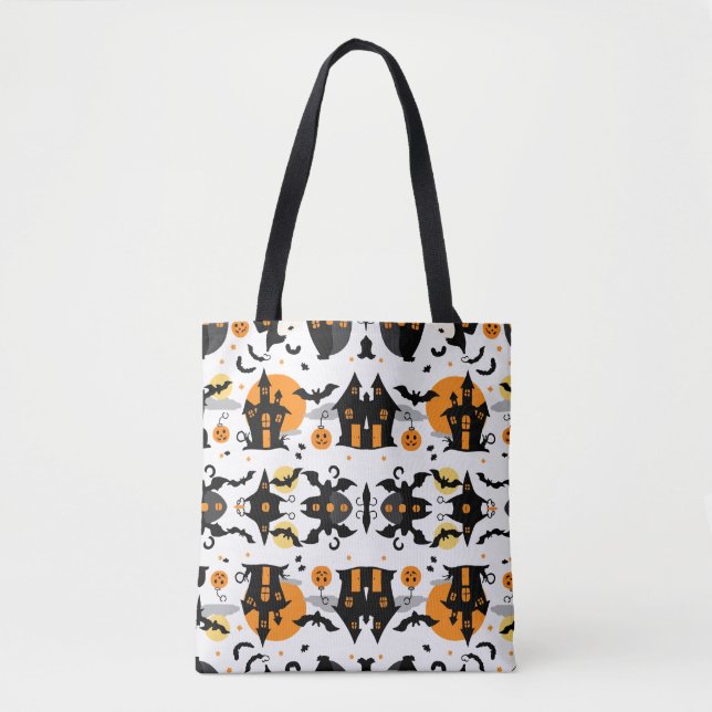 Spooky Halloween Haunted House and Bat Pattern Tote Bag (Front)