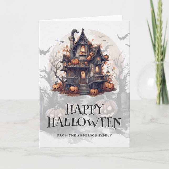 Spooky Halloween Haunted House Bats Pumpkins Photo Card (Front)