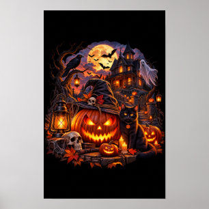 Spooky Halloween Haunted House Black Cat Poster