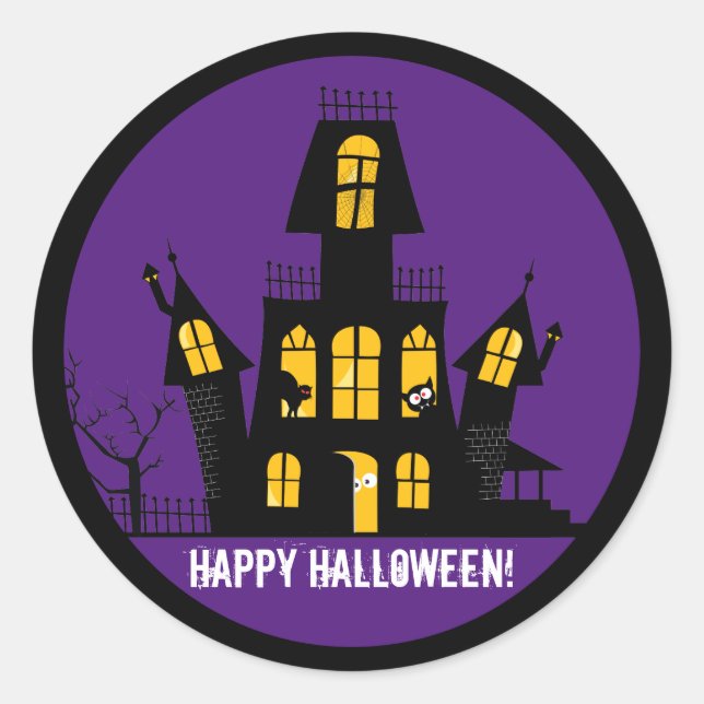 Spooky Halloween Haunted House Cartoon Classic Round Sticker (Front)