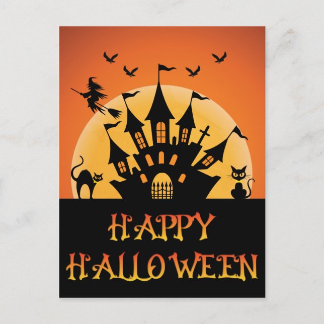 Spooky Halloween Haunted House Cat Witch Bat Postcard (Front)