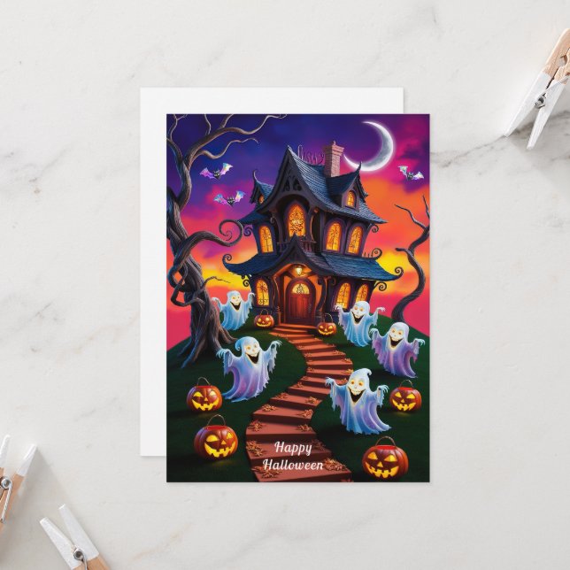 Spooky Halloween Haunted House Illustration Card (Front/Back In Situ)