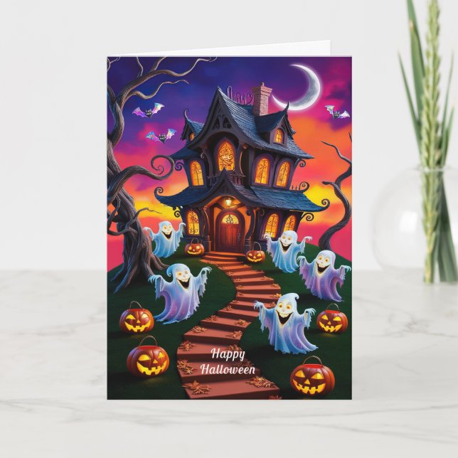 Spooky Halloween Haunted House Illustration Card (Front)