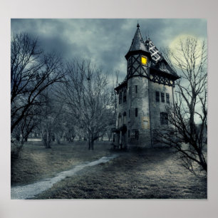 Spooky Halloween! Haunted house on graveyard Poster