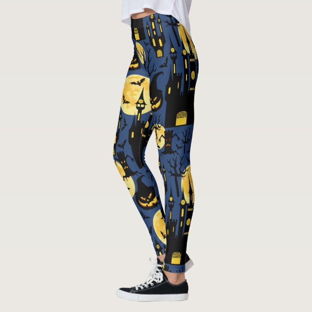Spooky Halloween Haunted House pattern Leggings (Left)