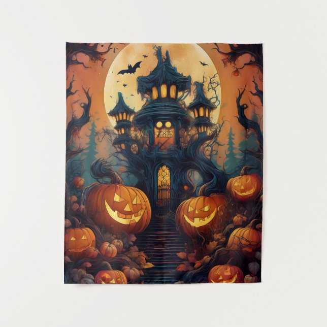 Spooky Halloween Haunted House & Trail Tapestry (Front)