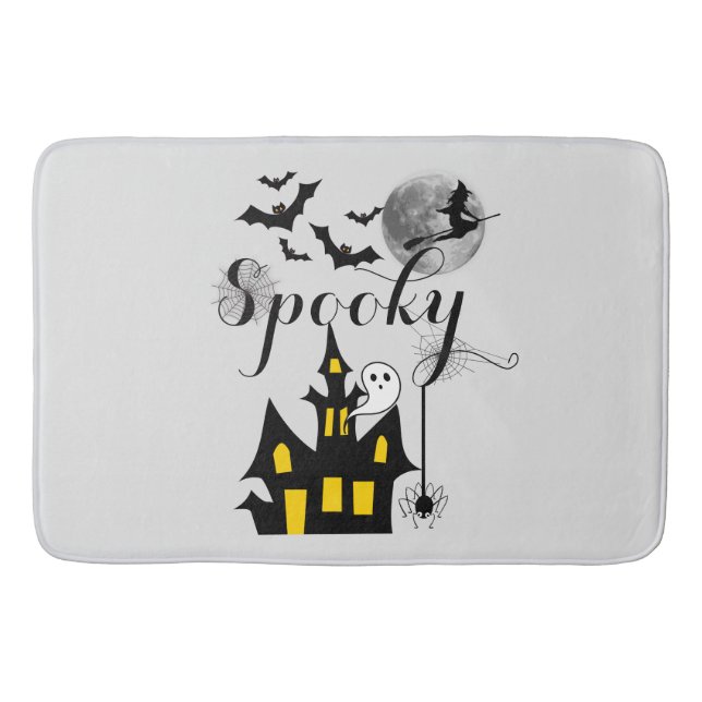 Spooky Halloween Haunted House with Witch and Bats Bath Mat (Front)
