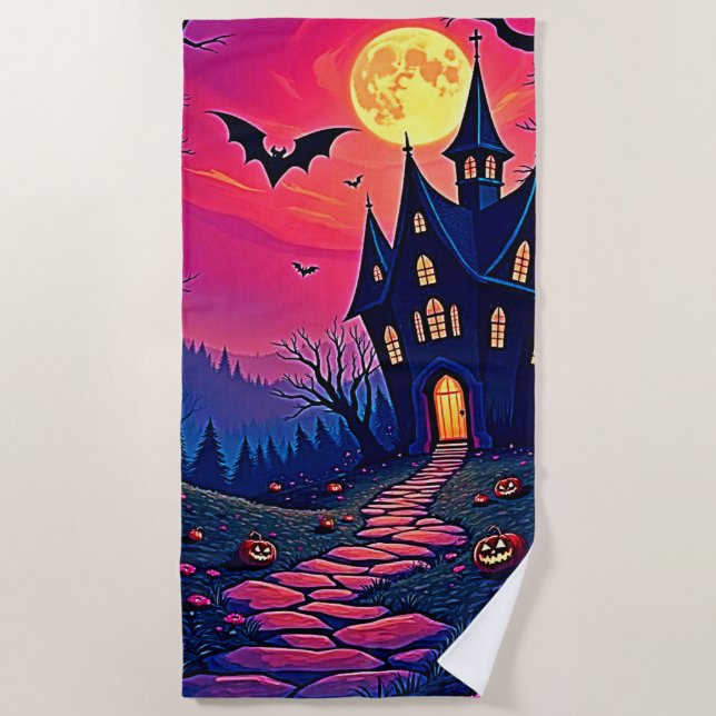 Spooky Halloween Haunted Mansion Art Beach Towel (Front)