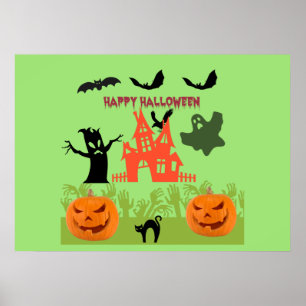 Spooky Halloween Haunted Silhouette Lime Mist Poster