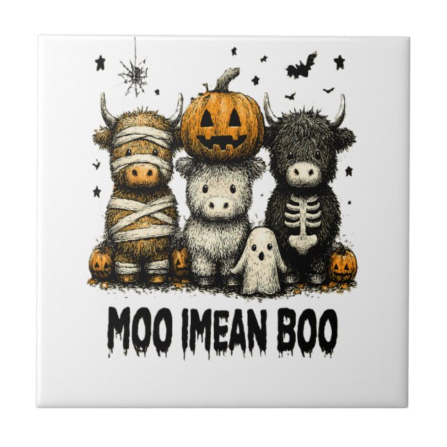 Spooky Halloween Highland Cow Ceramic Tile (Front)