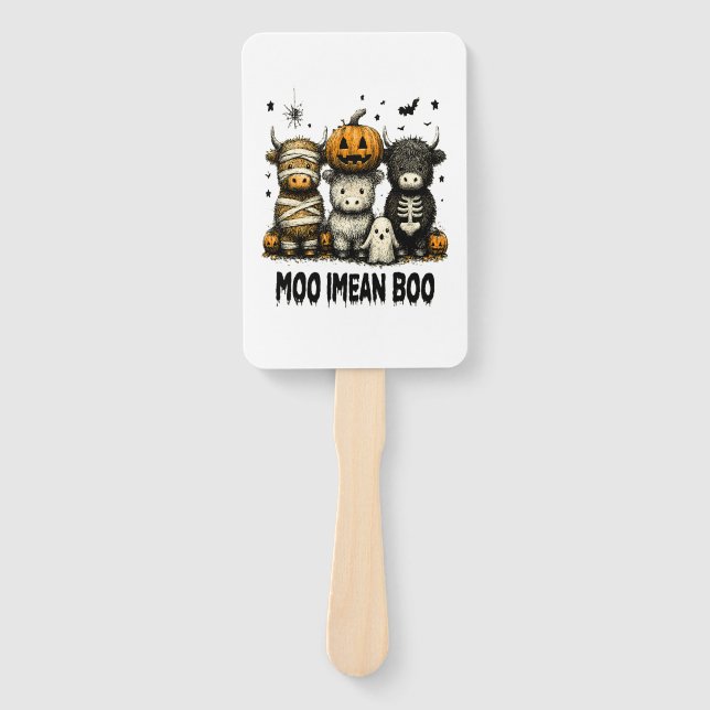 Spooky Halloween Highland Cow Hand Fan (Front)