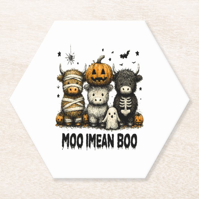 Spooky Halloween Highland Cow Paper Coaster (Front)