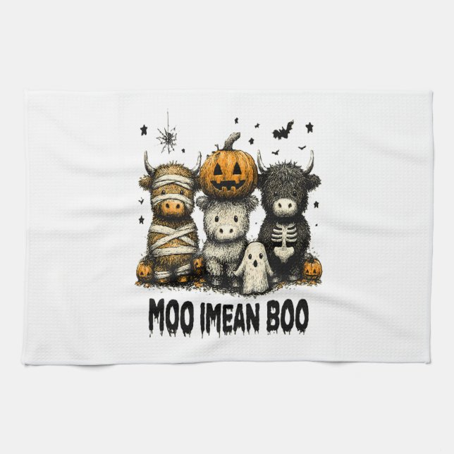 Spooky Halloween Highland Cow Tea Towel (Horizontal)