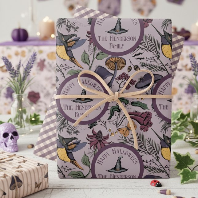Spooky Halloween Hummingbird & Butterfly Garden Wrapping Paper Sheet (Happy Halloween Wrapping Paper. Hummingbird Witch, Flower, Pine, Mushroom Fall Autumn Colors Pattern)