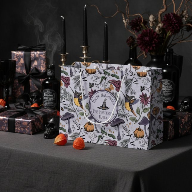 Spooky Halloween Hummingbird Garden Purple Large Gift Bag (Spooky Hummingbird & Flowers Fall Pattern Halloween Gift Bag. Hummingbird with Witch Hat, Pumpkins)