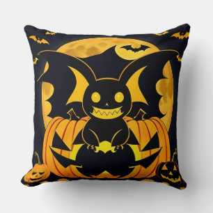 Spooky Halloween Illustration Featuring Bat Pumpki Cushion