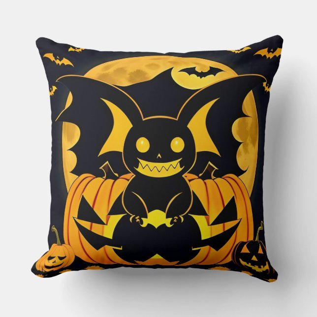 Spooky Halloween Illustration Featuring Bat Pumpki Cushion (Front)