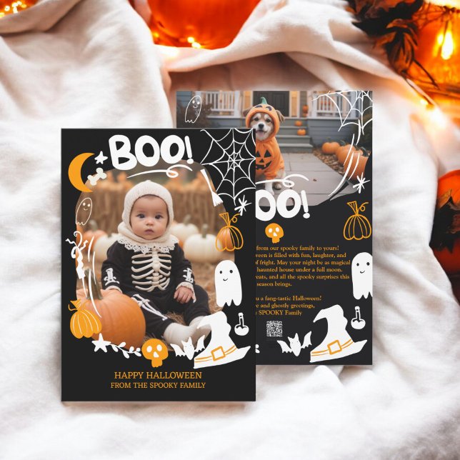 Spooky Halloween illustrations cute Boo 2 photos Holiday Card (Spooky Halloween illustrations cute Boo 2 photos Holiday Card)