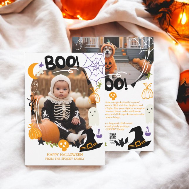 Spooky Halloween illustrations cute Boo 2 photos Holiday Card (Spooky Halloween illustrations cute Boo 2 photos Holiday Card)