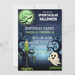 Spooky Halloween Invitation Card with Ghost, Bats