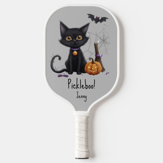 Spooky Halloween Jack-o-Lantern Pumpkin Black Cat  Pickleball Paddle (Front)