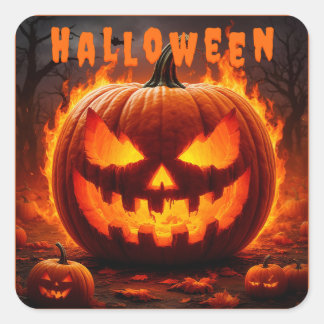 Spooky Halloween Jack-O'-Lantern with Flame Square Sticker